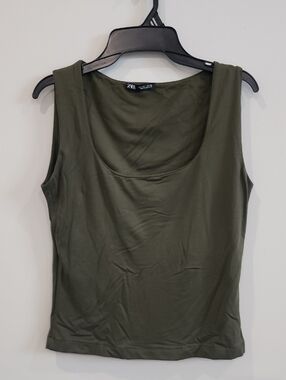 Zara Army Green Scoop Neck Tank Top